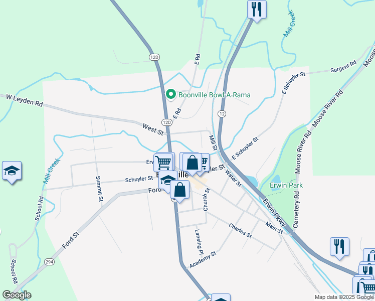 map of restaurants, bars, coffee shops, grocery stores, and more near 102 East Schuyler Street in Boonville