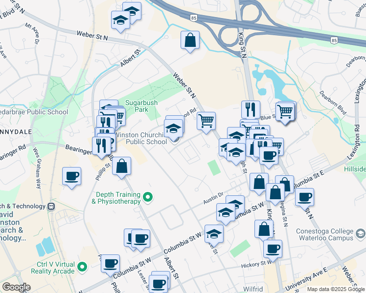 map of restaurants, bars, coffee shops, grocery stores, and more near 412 Milford Avenue in Waterloo