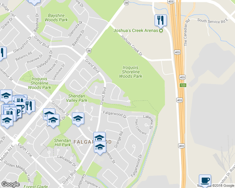 map of restaurants, bars, coffee shops, grocery stores, and more near 1380 Fleetwood Road in Oakville