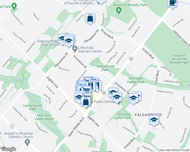 map of restaurants, bars, coffee shops, grocery stores, and more near 1990 Glenada Crescent in Oakville