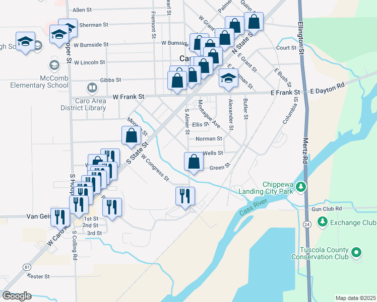 map of restaurants, bars, coffee shops, grocery stores, and more near South Almer Street in Caro
