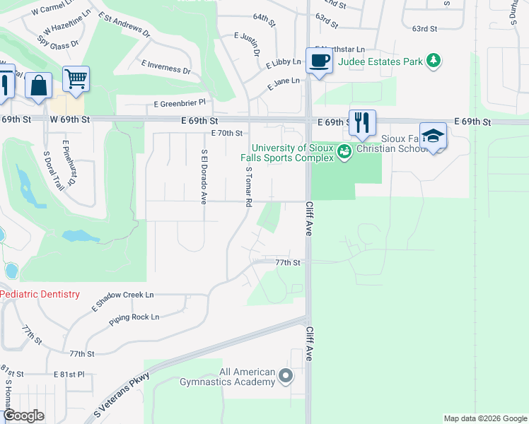 map of restaurants, bars, coffee shops, grocery stores, and more near 6508 South Tomar Road in Sioux Falls