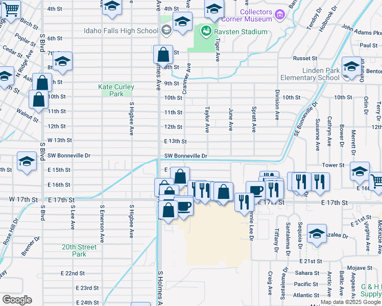 map of restaurants, bars, coffee shops, grocery stores, and more near 623 East 14th Street in Idaho Falls