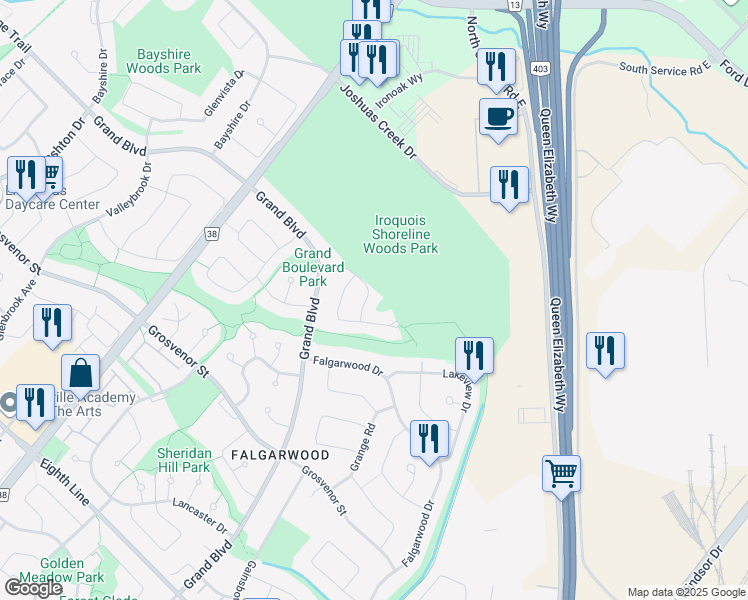 map of restaurants, bars, coffee shops, grocery stores, and more near 1385 Fleetwood Road in Oakville