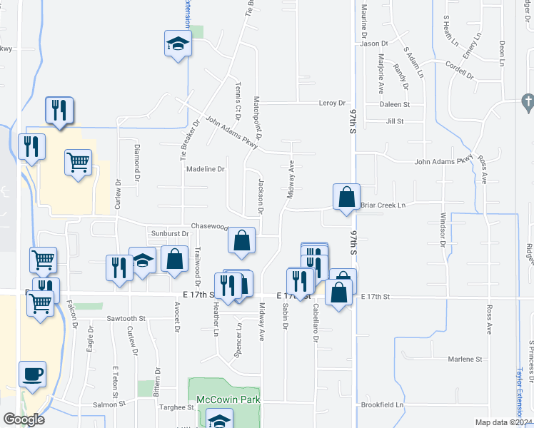 map of restaurants, bars, coffee shops, grocery stores, and more near 1303 Jackson Drive in Ammon