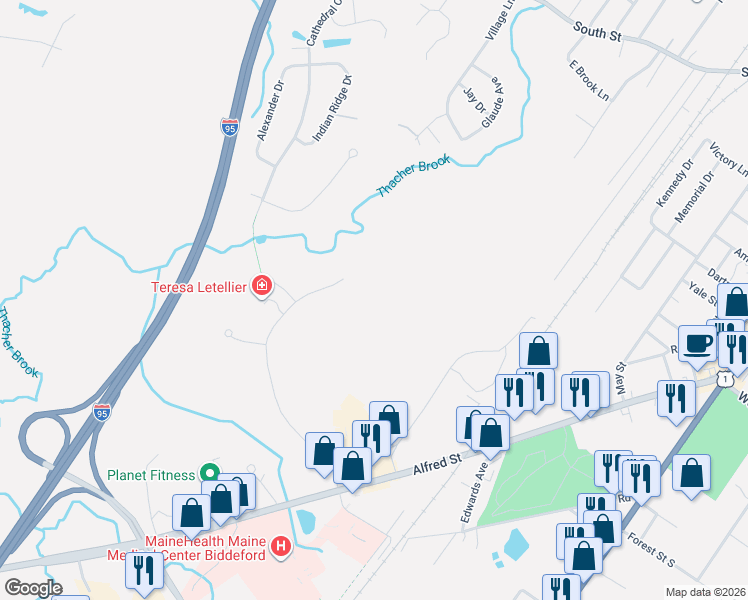 map of restaurants, bars, coffee shops, grocery stores, and more near 60 Barra Road in Biddeford