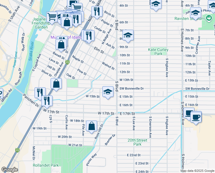 map of restaurants, bars, coffee shops, grocery stores, and more near 155 W 14th St in Idaho Falls