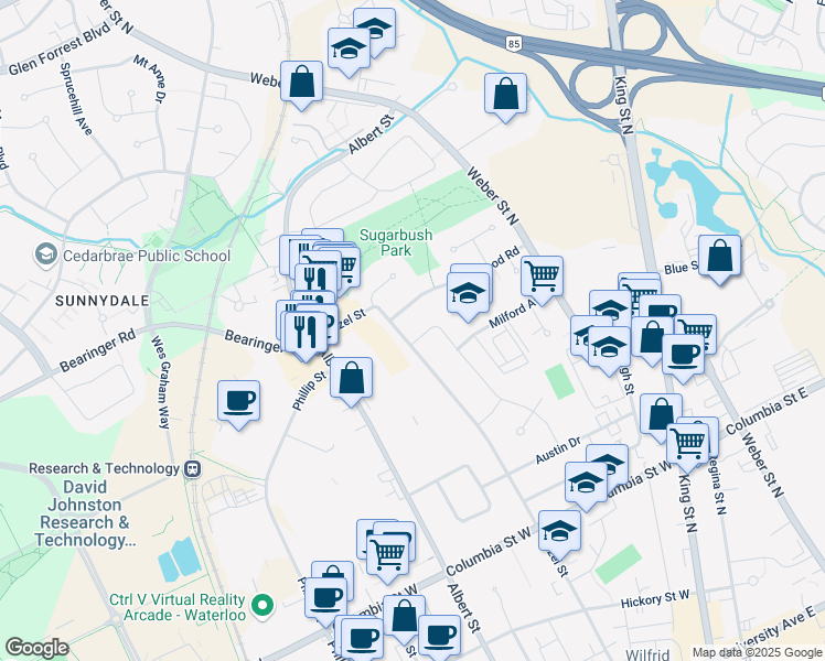 map of restaurants, bars, coffee shops, grocery stores, and more near in Waterloo