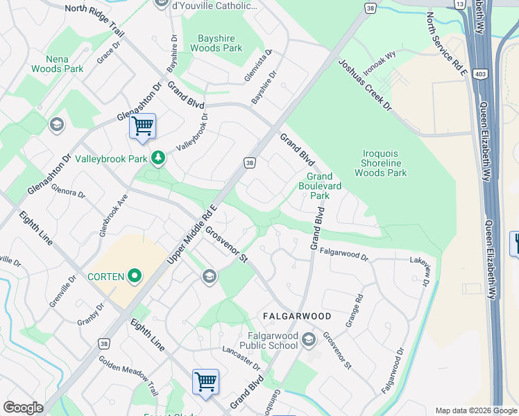 map of restaurants, bars, coffee shops, grocery stores, and more near 1414 Harmsworth Square in Oakville