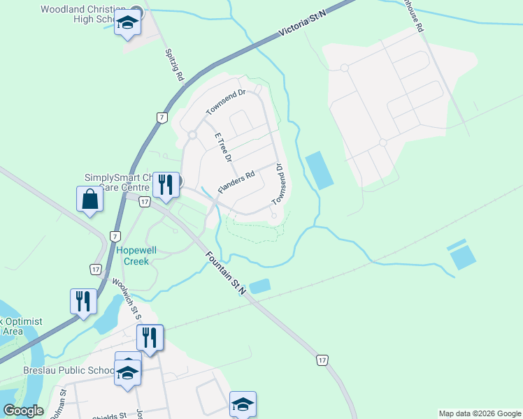 map of restaurants, bars, coffee shops, grocery stores, and more near 378 Townsend Drive in Breslau