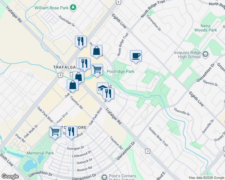 map of restaurants, bars, coffee shops, grocery stores, and more near 2393 Dalebrook Drive in Oakville