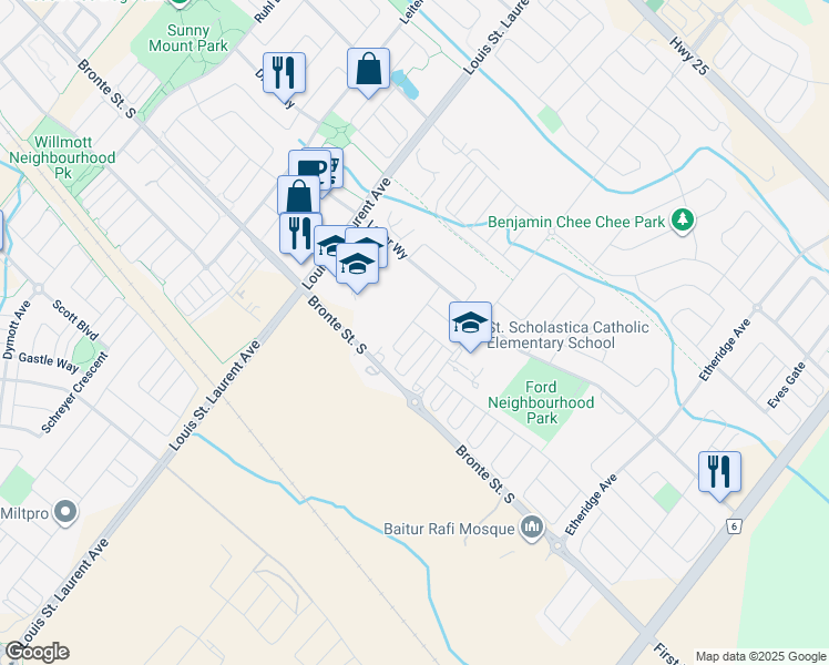 map of restaurants, bars, coffee shops, grocery stores, and more near 96 Lemieux Court in Milton