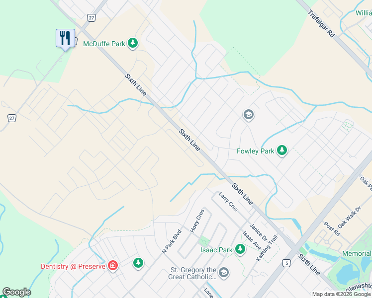 map of restaurants, bars, coffee shops, grocery stores, and more near 9 Crown Gate in Oakville