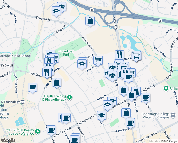 map of restaurants, bars, coffee shops, grocery stores, and more near 91 Milford Avenue in Waterloo