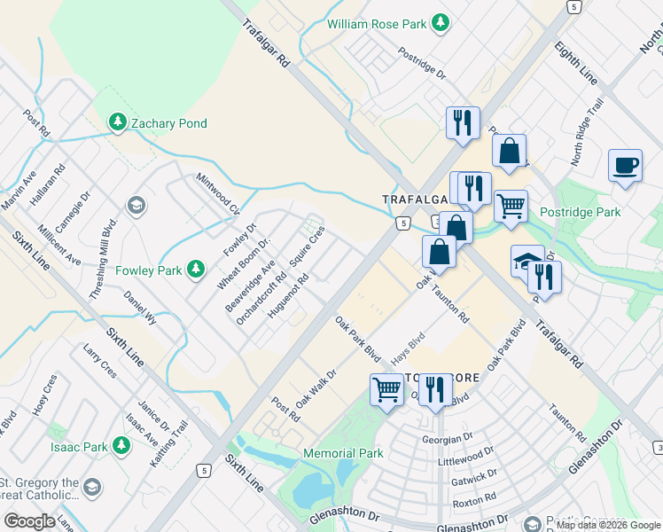 map of restaurants, bars, coffee shops, grocery stores, and more near 193 Sabina Drive in Oakville