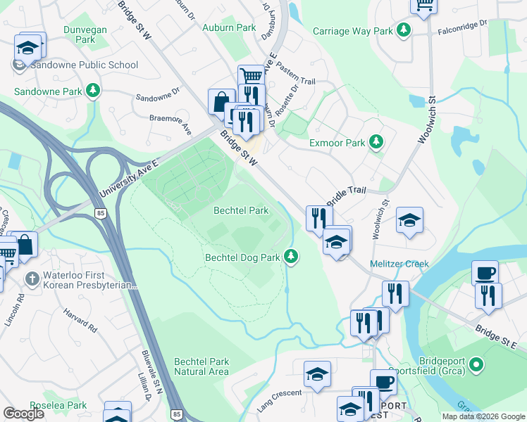 map of restaurants, bars, coffee shops, grocery stores, and more near 185 Bridge Street West in Waterloo