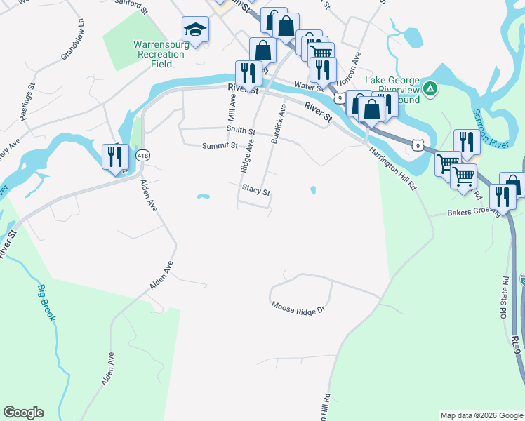 map of restaurants, bars, coffee shops, grocery stores, and more near 17 Skylark Lane in Warrensburg