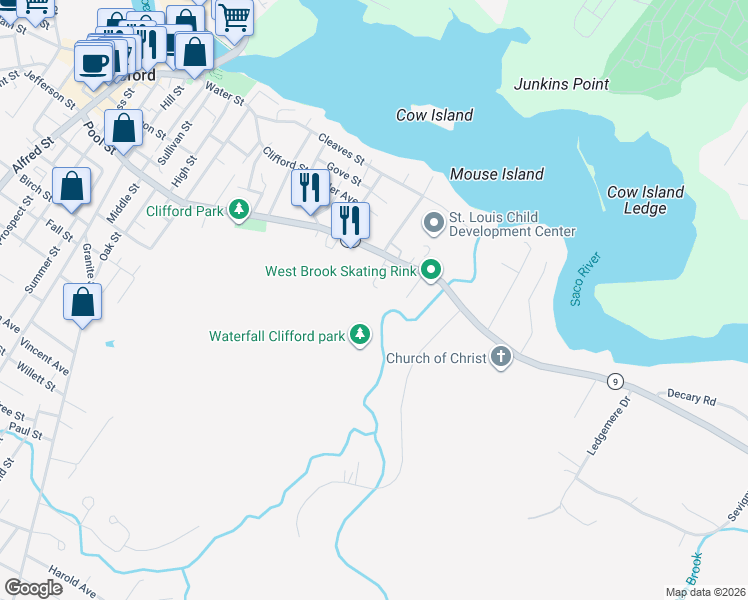 map of restaurants, bars, coffee shops, grocery stores, and more near 5 Trix Lane in Biddeford