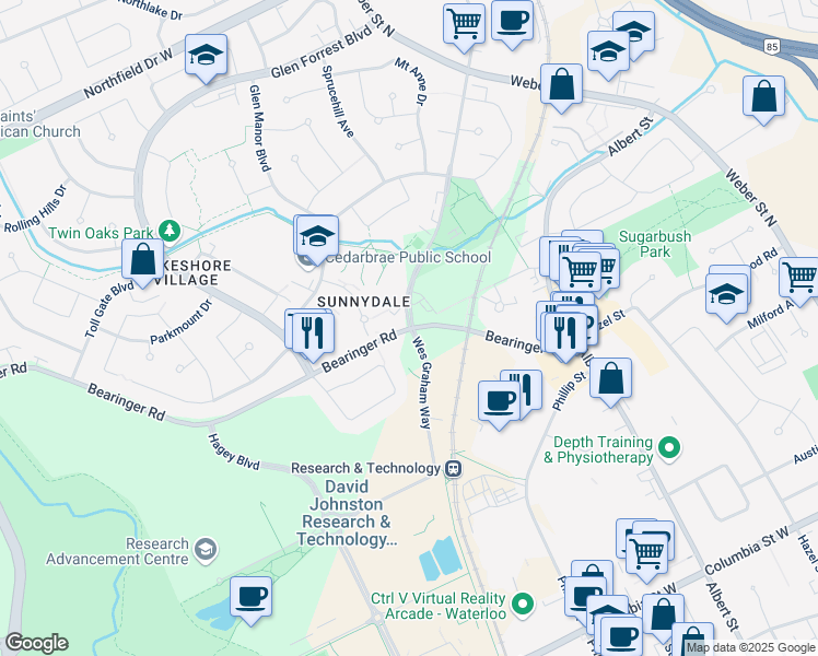 map of restaurants, bars, coffee shops, grocery stores, and more near 475 Parkside Drive in Waterloo