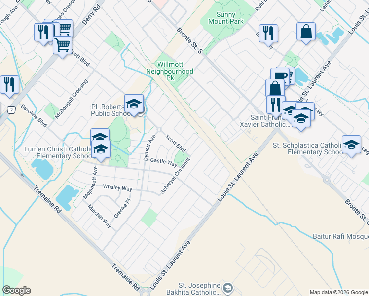 map of restaurants, bars, coffee shops, grocery stores, and more near 30 Gleave Terrace in Milton