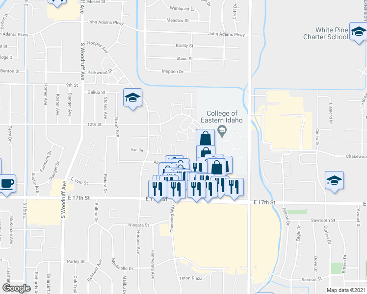 map of restaurants, bars, coffee shops, grocery stores, and more near 1390 Elizabeth Cirlcle in Idaho Falls