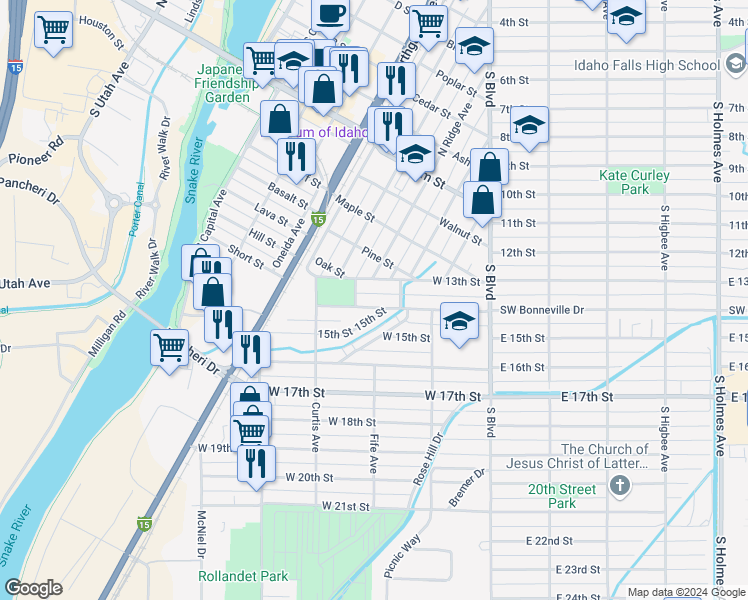 map of restaurants, bars, coffee shops, grocery stores, and more near 293 Cottage Place in Idaho Falls