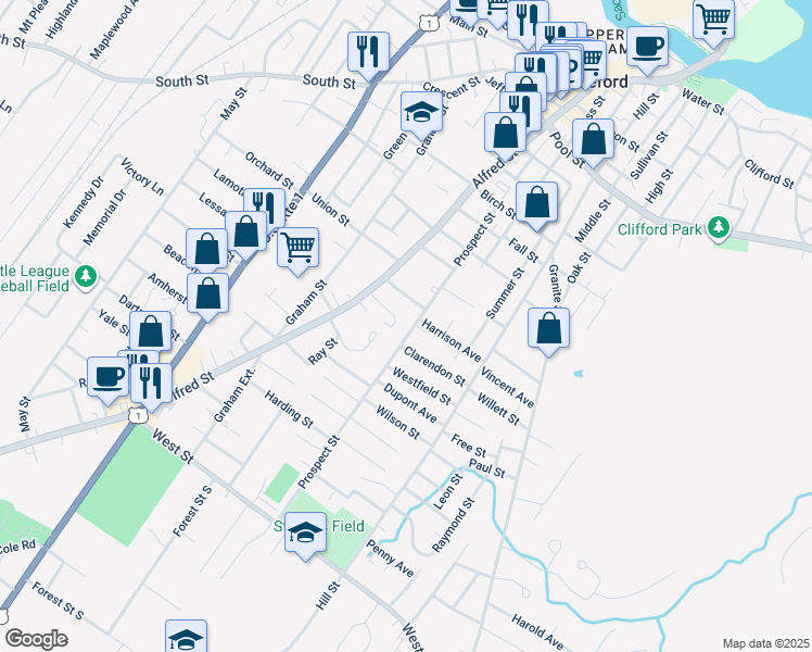 map of restaurants, bars, coffee shops, grocery stores, and more near 103 Prospect Street in Biddeford