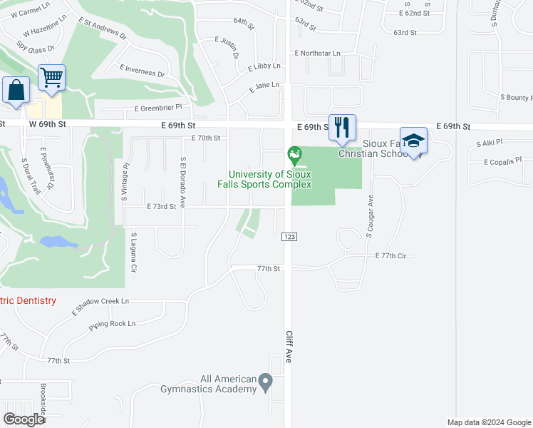 map of restaurants, bars, coffee shops, grocery stores, and more near 1106 East Carra Place in Sioux Falls