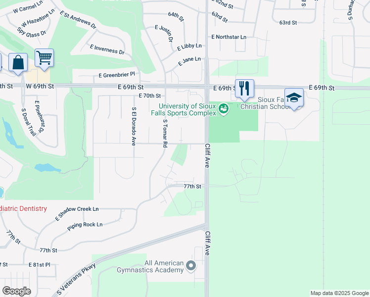 map of restaurants, bars, coffee shops, grocery stores, and more near 1106 East Carra Place in Sioux Falls
