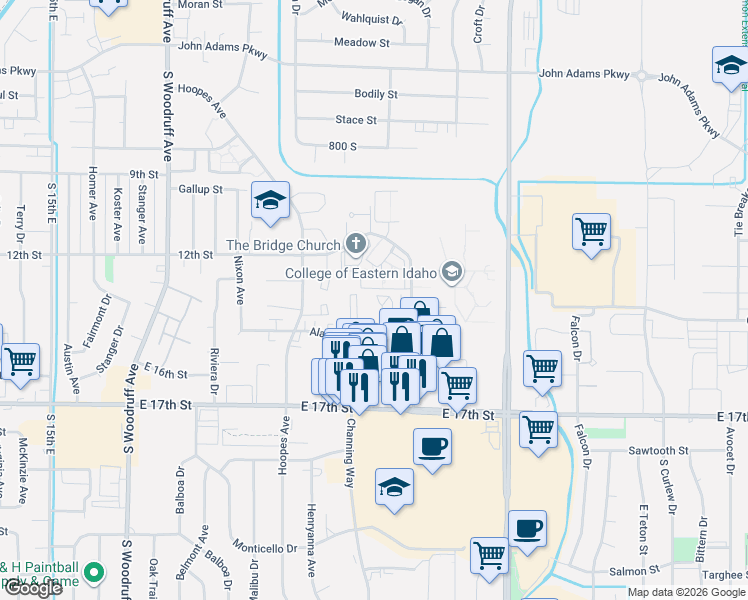map of restaurants, bars, coffee shops, grocery stores, and more near 1390 Elizabeth Cirlcle in Idaho Falls