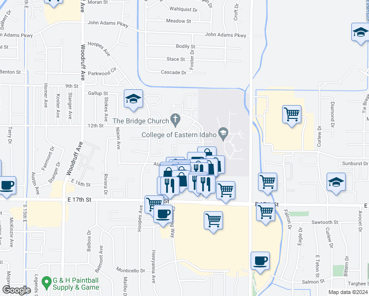 map of restaurants, bars, coffee shops, grocery stores, and more near 1344 Elizabeth Circle in Idaho Falls