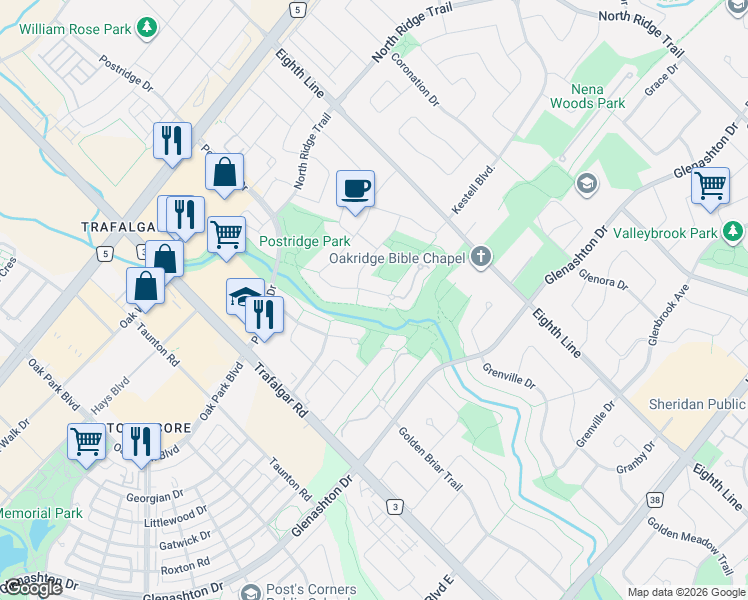 map of restaurants, bars, coffee shops, grocery stores, and more near 331 Ravineview Way in Oakville