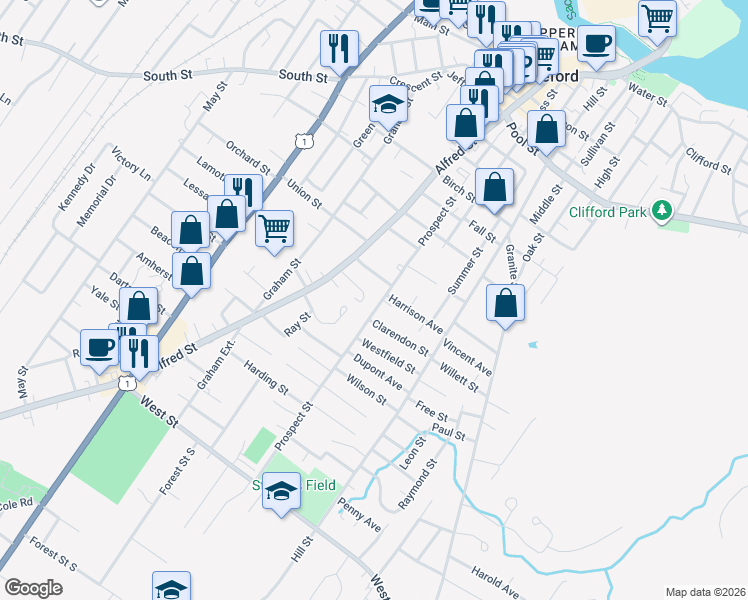 map of restaurants, bars, coffee shops, grocery stores, and more near 103 Prospect Street in Biddeford