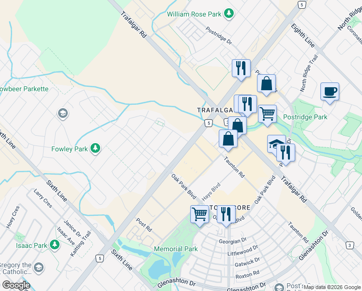 map of restaurants, bars, coffee shops, grocery stores, and more near 210 Sabina Drive in Oakville