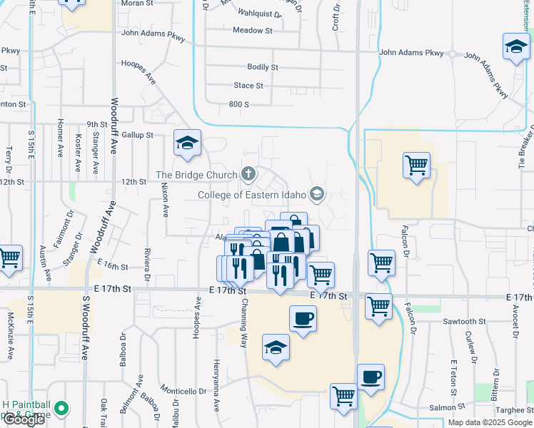 map of restaurants, bars, coffee shops, grocery stores, and more near 1335 Elizabeth Cirlcle in Idaho Falls