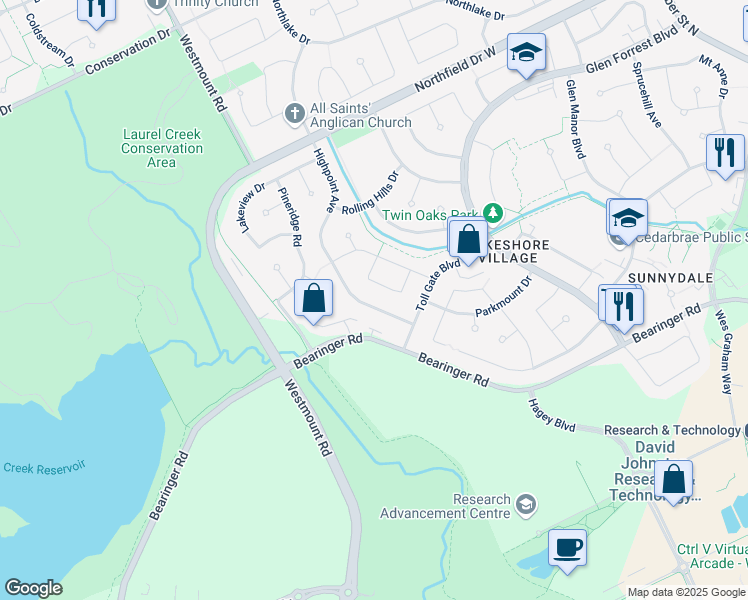 map of restaurants, bars, coffee shops, grocery stores, and more near 578 Highpoint Avenue in Waterloo