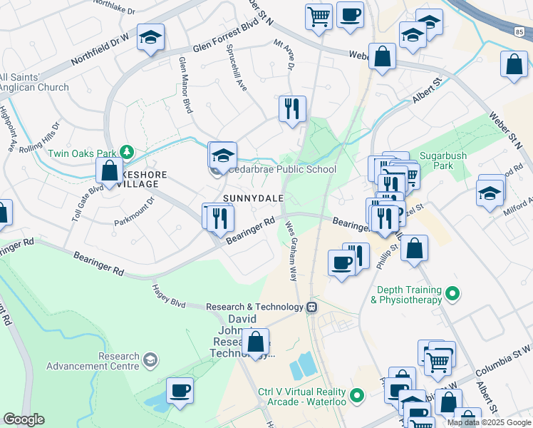 map of restaurants, bars, coffee shops, grocery stores, and more near 195 Corrie Crescent in Waterloo