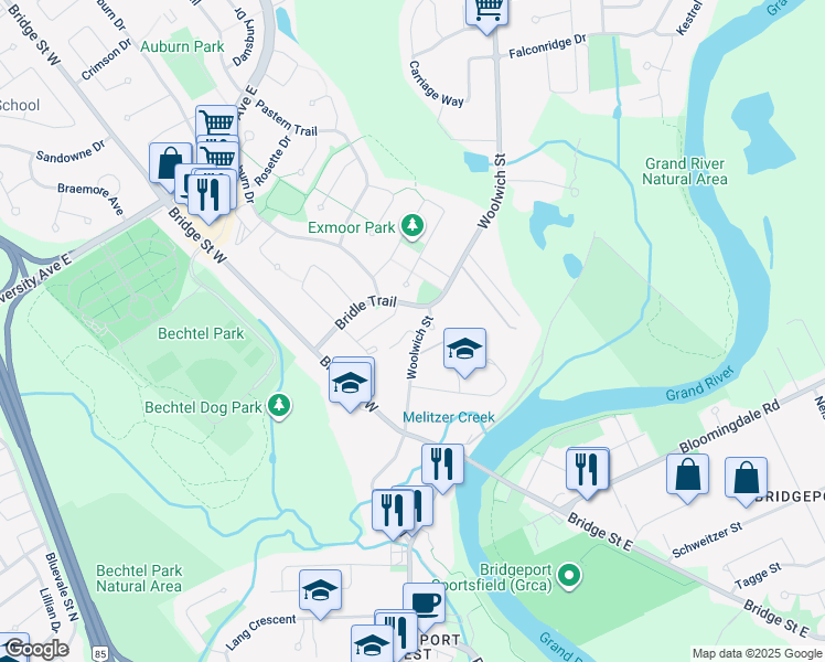 map of restaurants, bars, coffee shops, grocery stores, and more near 74 Woolwich Street in Kitchener