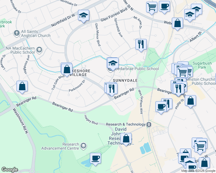 map of restaurants, bars, coffee shops, grocery stores, and more near 249 Cedarbrae Avenue in Waterloo