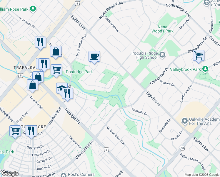 map of restaurants, bars, coffee shops, grocery stores, and more near in Oakville