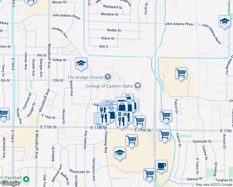 map of restaurants, bars, coffee shops, grocery stores, and more near 1390 Elizabeth Cirlcle in Idaho Falls