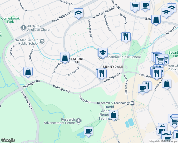 map of restaurants, bars, coffee shops, grocery stores, and more near 251 Teakwood Place in Waterloo