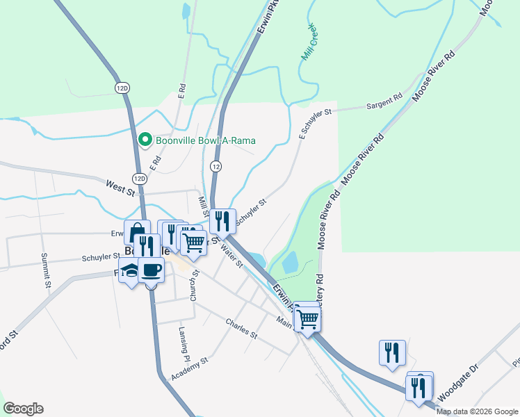 map of restaurants, bars, coffee shops, grocery stores, and more near 226 East Schuyler Street in Boonville