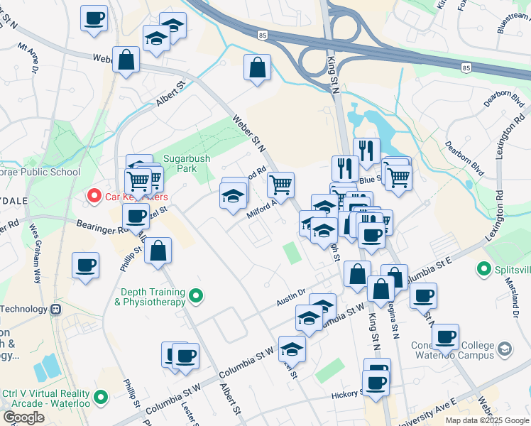 map of restaurants, bars, coffee shops, grocery stores, and more near 72 Milford Avenue in Waterloo