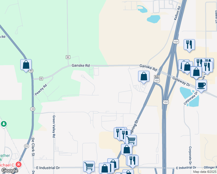 map of restaurants, bars, coffee shops, grocery stores, and more near N8040 Oak Ridge Drive in Beaver Dam