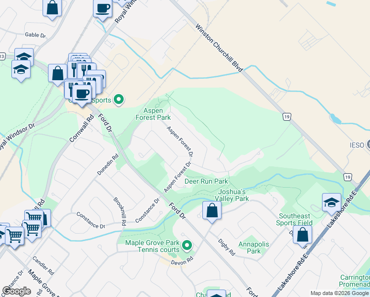 map of restaurants, bars, coffee shops, grocery stores, and more near 392 Aspen Forest Drive in Oakville