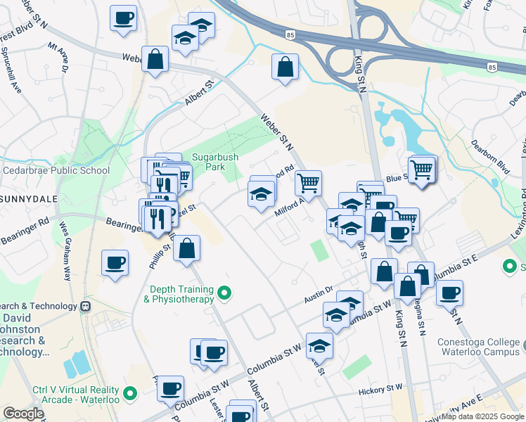 map of restaurants, bars, coffee shops, grocery stores, and more near 100 Milford Avenue in Waterloo