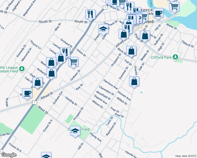 map of restaurants, bars, coffee shops, grocery stores, and more near 12 Lambert Street in Biddeford