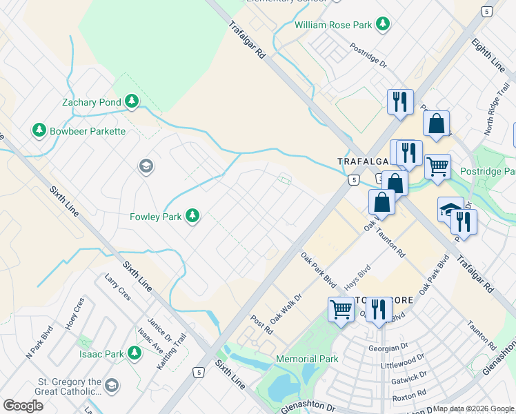map of restaurants, bars, coffee shops, grocery stores, and more near 331 Squire Crescent in Oakville