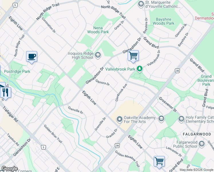 map of restaurants, bars, coffee shops, grocery stores, and more near 2134 Glenora Drive in Oakville